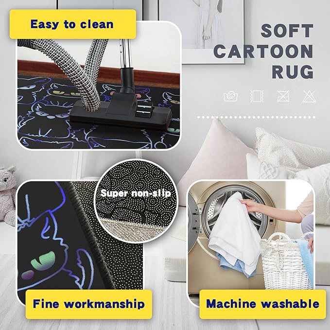 Black Play Cat Rug for Playroom for Boys Girls 59"x39" Funny Cute Cat Cartoon Decor for Bedroom Living Room Non-Slip Comfy Floor Casual Mat Carpet Washable-CubbioJoy