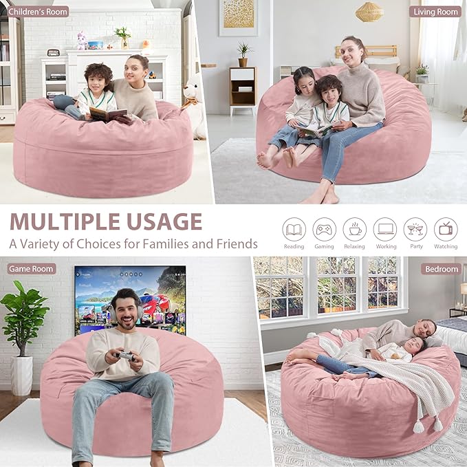 3FT Bean Bag Chair, Comfy Bean Bag Chairs with Memory Foam Filled, Fluffy Beanbag Sofa with Dutch Velvet Cover, Round BeanBag Chairs for Living Room, Playroom - Light Pink-CubbioJoy