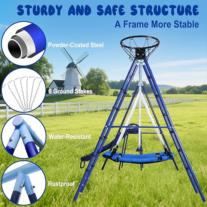 600lbs 6-in-1 Kids Swing Set, Backyard Playset with Belt & Platform Swings, Slide, Climbing Net, Basketball Hoop, Heavy-Duty A-Frame Metal Stand & 6 Anti-Tilt Stakes, Outdoor Gym for Ages 4-12-CubbioJoy