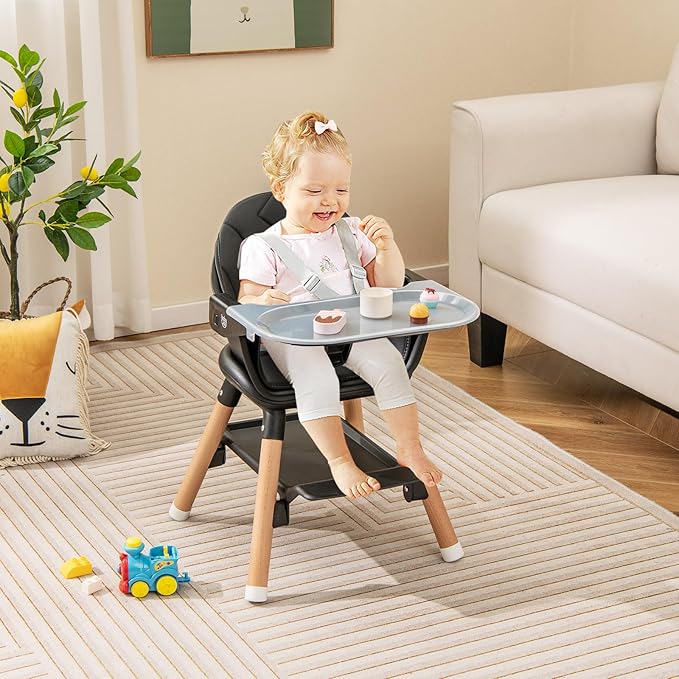 BABY JOY Baby High Chair, 6 in 1 Convertible Wooden High Chair for Babies & Toddlers with Adjustable Legs, Double Removable Tray, Safety Harness & Waterproof PU Cushion (Black)-CubbioJoy