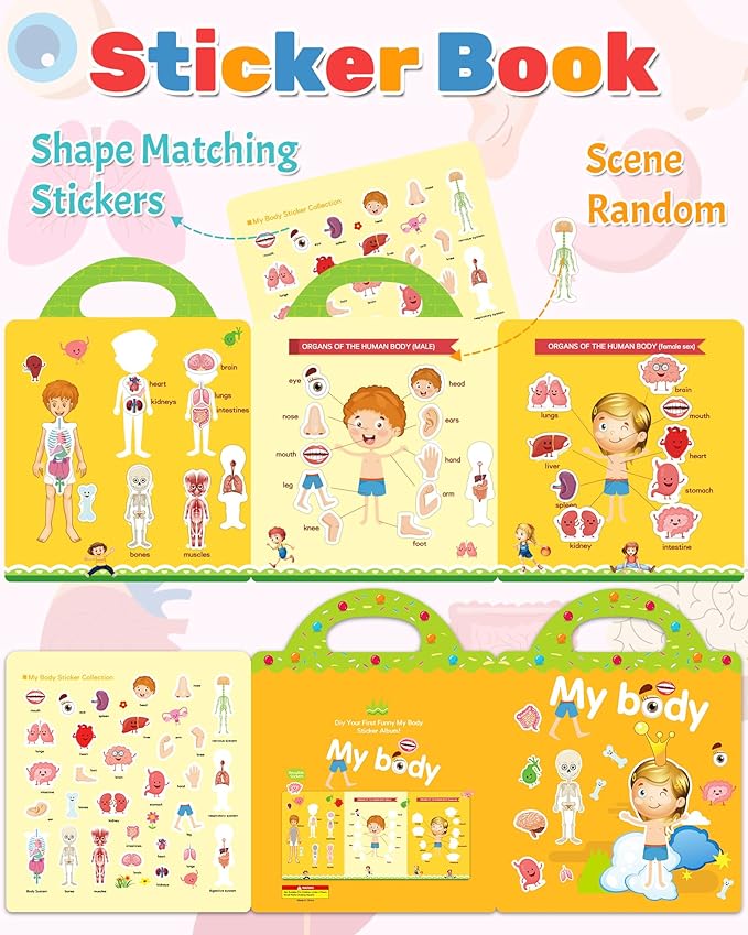 Benresive Reusable Sticker Book for Toddlers 2-4 Years, Fun Travel Stickers for Kids, Waterproof Sticker Books for Toddlers 1-3, Crafts Activities for Todddlers 1-3 2-4 3-5 - My Body-CubbioJoy