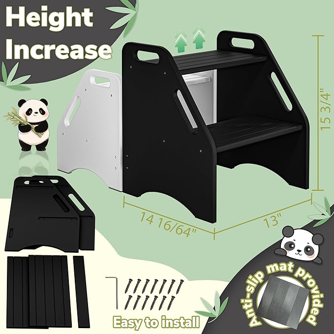 AMBIRD Wooden Step Stool, 15.75'' H Potty Training Toddler 300 lbs Capacity with Safety Non-Slip Pads and Handles, Step Stools for Kids, Bamboo 2-Step Stool for Bathroom, High Beds (Black)-CubbioJoy
