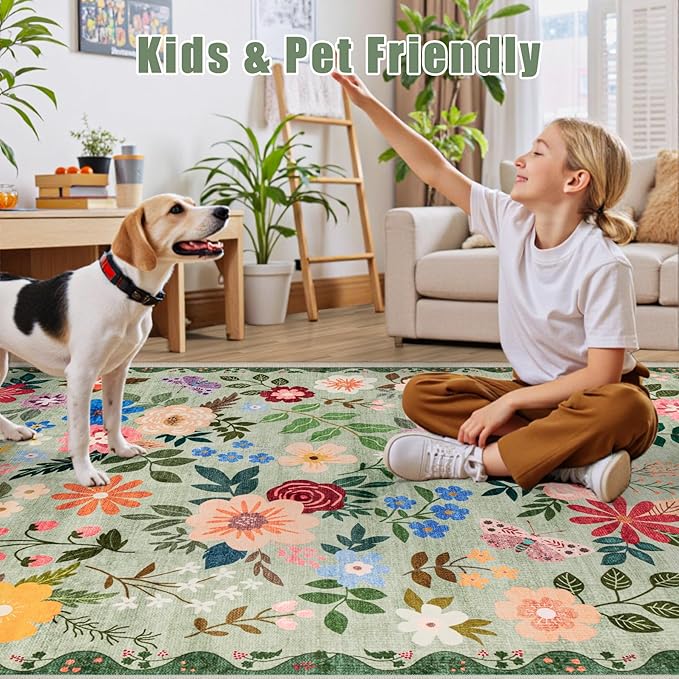 Area Rugs 9x12 Living Room: Floral Washable Rug Vintage Large Soft Boho Non-Slip Carpet Indoor Stain Resistant Low Pile Carpets for Bedroom Dining Room Farmhouse Nursery Hallway Home Office Green-CubbioJoy