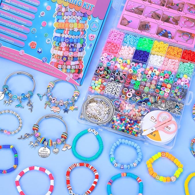 AIPRIDY 3600 Pcs Girls Toys Bracelet Making Kit, Unicorn/Mermaid Jewelry Activity, Flat College Style Beading for Friendship Jewelry Making, DIY Crafts for 4-12 Girls Birthday Christmas Gifts(Aqua)-CubbioJoy