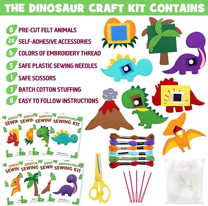 CiyvoLyeen Dinosaur Sewing Kit Dinosaur Felt Animal DIY Crafts for Girls and Boys Educational Sewing for Kids Art Craft Kits for Beginners-CubbioJoy