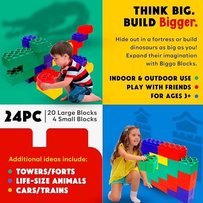 Big Blocks for Kids Ages 4-8, Indoor & Outdoor Blocks for Kids Jumbo Games, Large Building Blocks (24 PC) Beginner Set-CubbioJoy
