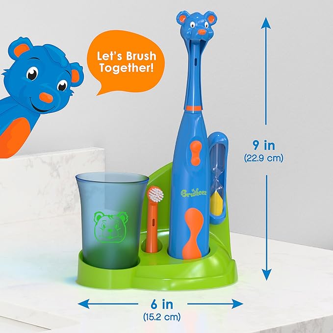 Brusheez Kids’ Electric Toothbrush Set - Safe & Effective for Ages 3+ - Parent Tested & Approved with Gentle Bristles, 2 Brush Heads, Rinse Cup, 2-Minute Timer, & Storage Base (Buddy The Bear)-CubbioJoy