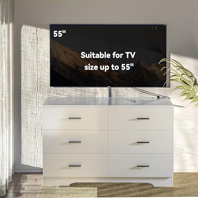 Dresser with Power Outlets Wooden 6 Drawer Dresser with USB and Type C Port Chest of Drawers for Bedroom Tall White Storage Organizer for Living Room Hallway Closet-CubbioJoy