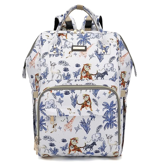 Diaper Bag Backpack, Diaper Bags for Baby Girls Boys, Baby Bags for Moms Dads, Nappy Changing Bag with Insulated Pockets,Multi-functional Waterproof Backpack with Stroller straps-Animal World White-CubbioJoy