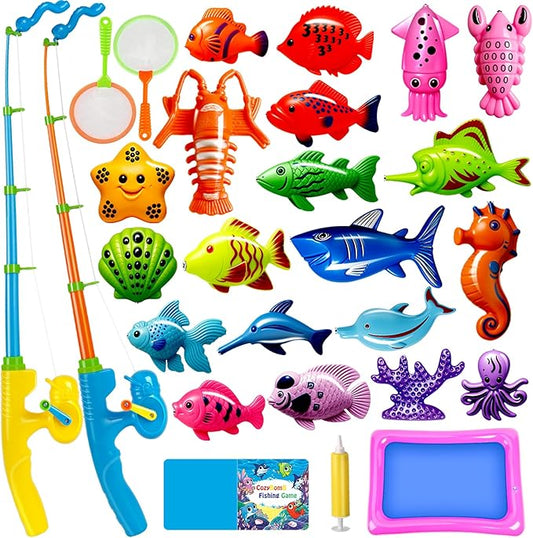 CozyBomB™ Magnetic Fishing Toys Game Set for Kids | Water Table Bathtub Kiddie Pool Party & Pole Rod Net, Plastic Floating Fish Toddler Color Ocean Sea Animals Birthday Age 3 4 5 6 Year-CubbioJoy