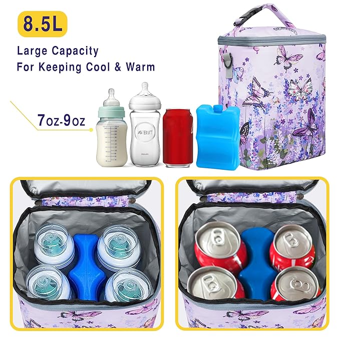 Breastmilk Bag with Ice Pack Fits 4 Bottles Up To 9 Ounce Insulated Breast Milk Cooler on the Go with Strap Baby Bottle Cooler Bag for Nursing Mom Daycare or Travel-CubbioJoy