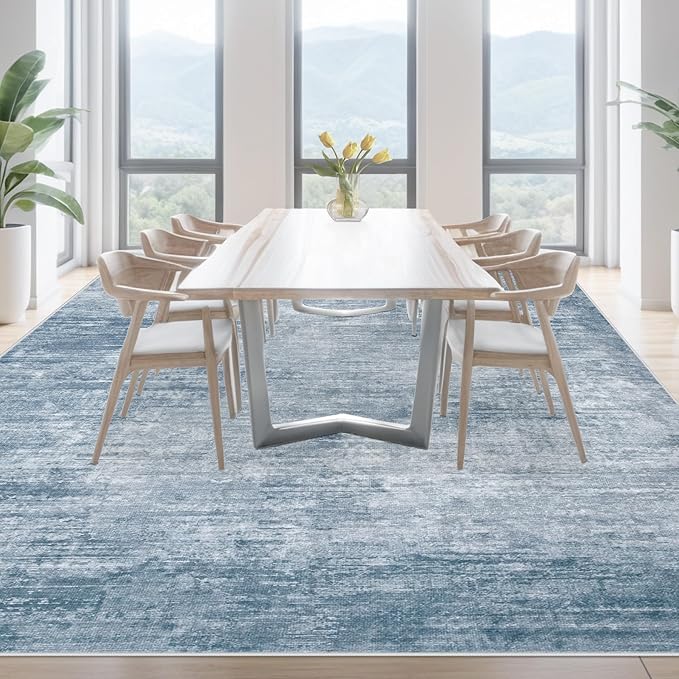 Area Rugs 9x12 Living Room: Washable Rug Modern Abstract Large Rugs Soft Non Slip Neutral Rug Stain Resistant Indoor Carpet for Bedroom Kitchen Dining Room Table Nursery Home Office Rugs(Blue,9'x12')-CubbioJoy