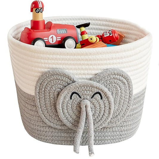 Adorable Small Elephant Cotton Rope Basket - Gift Empty Baskets - Toy Storage Basket, Woven Basket for Baby Essentials, Decorative Woven Basket for Nurseries and Playrooms (11"x7")-CubbioJoy