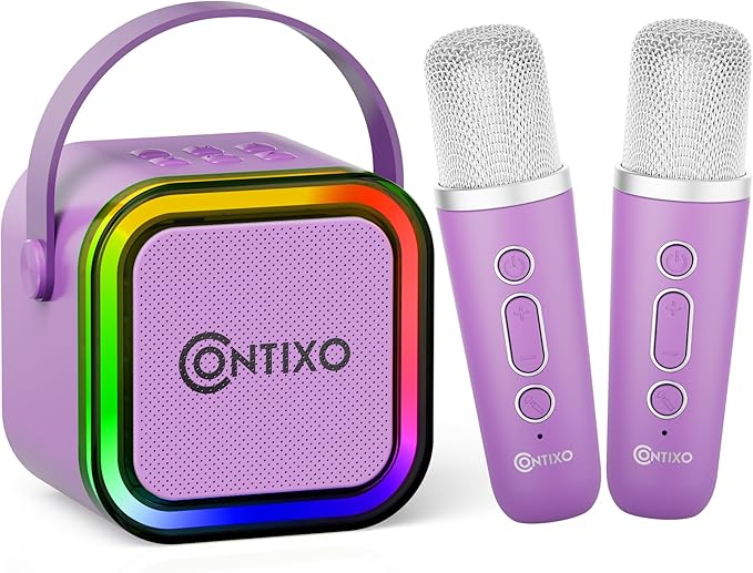 Contixo KS1A Kids Mini Karaoke Machine with LED Lights, 7–10H Playback, Dual Wireless Mics, Magic Voice Effects, Bluetooth Speaker for Children, Portable Singing Toy Gift for Boys & Girls, Purple-CubbioJoy