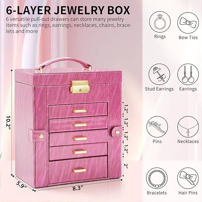 AKOZLIN 6-Tier Jewelry Box Lockable Leather Jewelry Storage Case with 5 Drawers for Women Girls Ring Necklace Earring Bracelet Holder Organizer with Mirror Rose-CubbioJoy