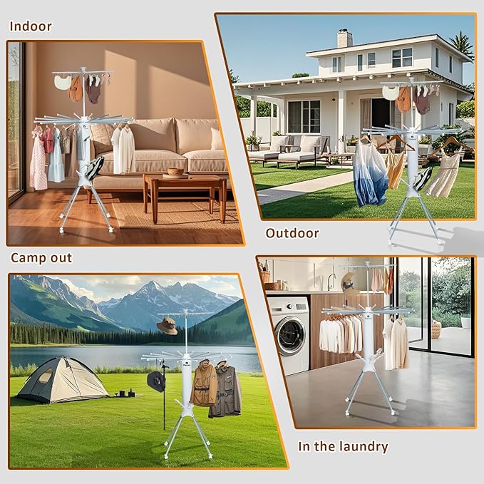 Clothes Drying Rack 2025 Upgrade 4-Legged 3-Tier Foldable Laundry Rack with 4 Pulleys 20 Clips,6 Shoe Dryers 16Drying Rods for Indoor/Outdoor, Camping, Poolside Space Saving, Whit-CubbioJoy