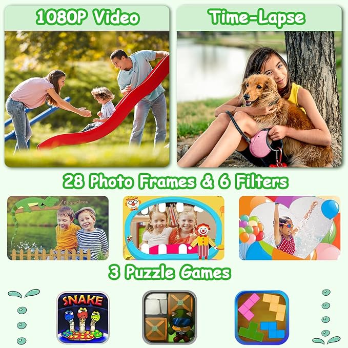 Agoigo Kids Waterproof Camera - Children Underwater HD Video Digital Camcorder, Portable Travel Toy for Toddler - Ideal Christmas Birthday Gifts for Boys Girls Age 3-12 with 32GB Card (Green)-CubbioJoy