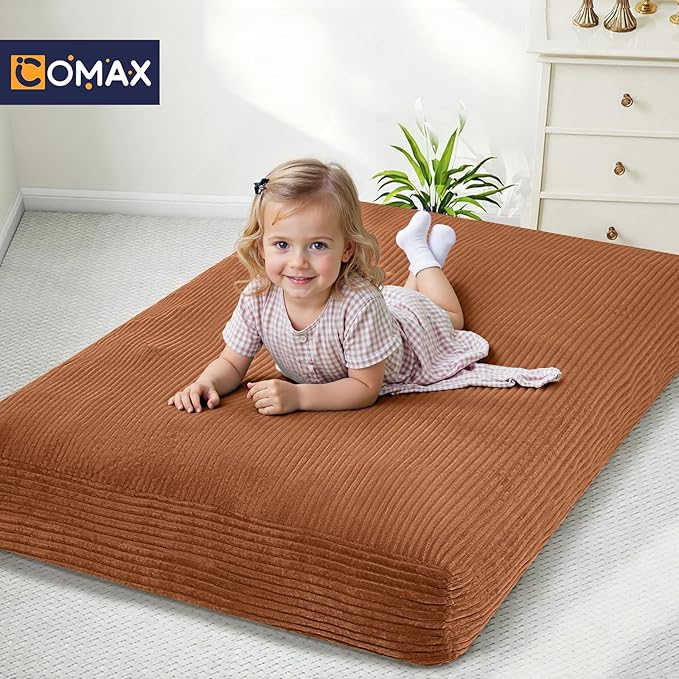 COMAX Kids Bean Bag Chair Turn into Beanbag Bed, Toddler Bean Chair Corduroy for Girl Boy Sleeping, Lazy Children Bean Bags with Filler, Convertible Child Floor Mattress, Orange-CubbioJoy