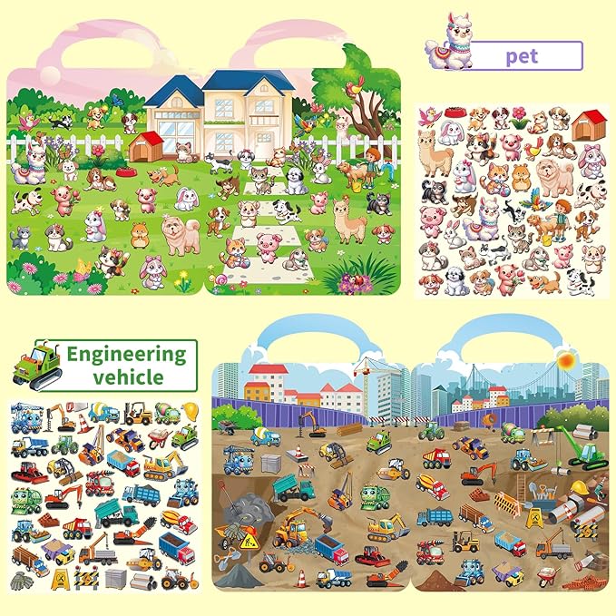 6 Set Reusable Sticker Books for Toddlers 2-4,1-3, Kids 3D Puffy Stickers (Dinosaurs, Forest, Town, Pets, Construction, Insects), Sticker Activity Books-CubbioJoy