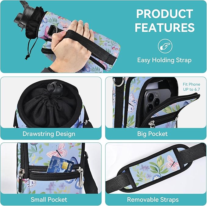 25/32/40/64oz Water Bottle Bag Holder Carrier-Insulated Crossbody Sling Case Sleeve with Strap & Pockets for Men Women Gym Cycling Travel Walking Hiking Camping-CubbioJoy