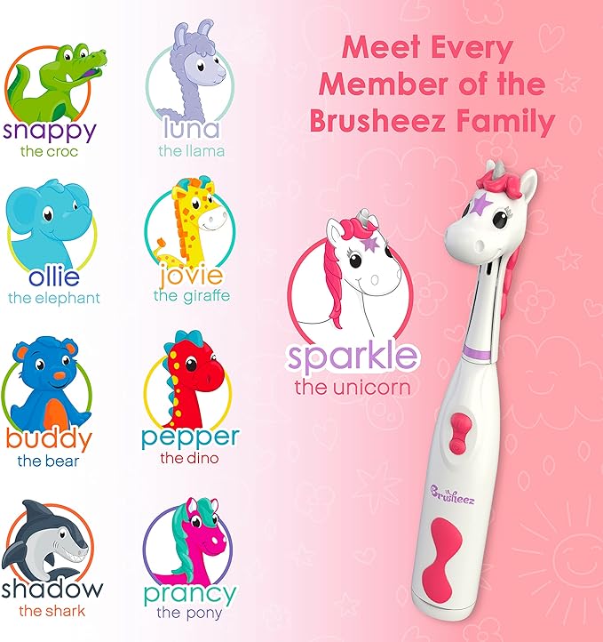 Brusheez Kids’ Electric Toothbrush Set - Safe & Effective for Ages 3+ - Parent Tested & Approved with Gentle Bristles, 2 Brush Heads, Rinse Cup, 2-Minute Timer, & Storage Base (Sparkle The Unicorn)-CubbioJoy