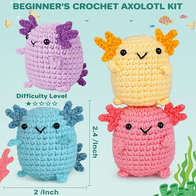 Crochetta Crochet Kit for Beginners, Crochet Starter Kit w Step-by-Step Video Tutorials, Beginner Crochet Kit for Adults Kids Women Men Complete Kit Included (4 Mini Axolotls)-CubbioJoy