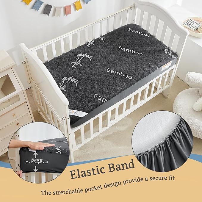BEDLORE Waterproof Crib Mattress Protector 2 Pack, Ultra Soft Bamboo Viscose Crib Mattress Pad Cover, Noiseless Toddler Mattress Protector for Standard Baby Mattress Size 52''x28'', Dark Gray-CubbioJoy