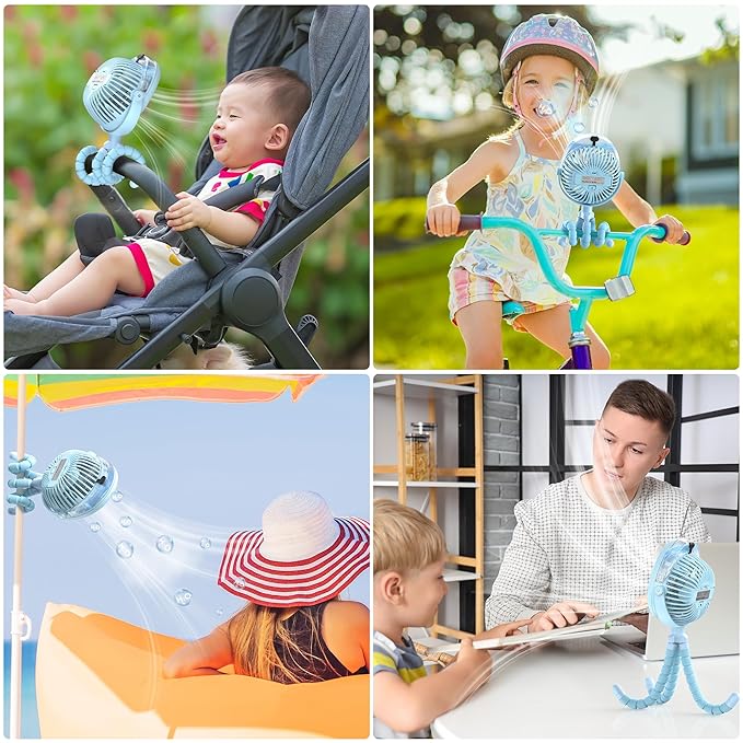 2025 Upgarded 4000mAh Misting Baby Stroller Fan, Rechargeable Battery Operated,Max 15Hrs Cooling,50ml Portable Water Sprayer Misting Fan with Flexible Tripod Clip on Car Seat Crib Treadmill Bunk Bed-CubbioJoy