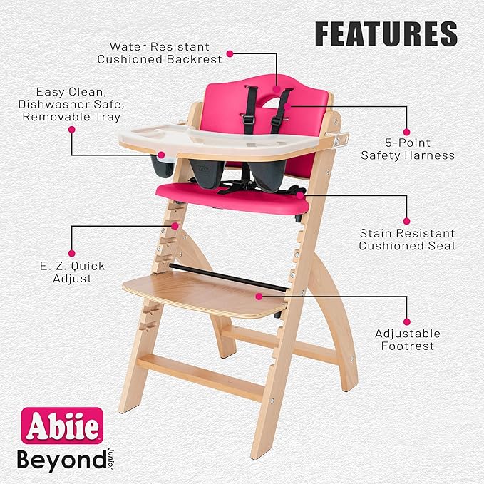 Abiie Beyond Junior Wooden High Chair with Tray - Adjustable and Convertible High Chair for Babies and Toddlers - 6 Months to 250 Lb - Water Resistant - Natural Wood/Raspberry Cushion-CubbioJoy