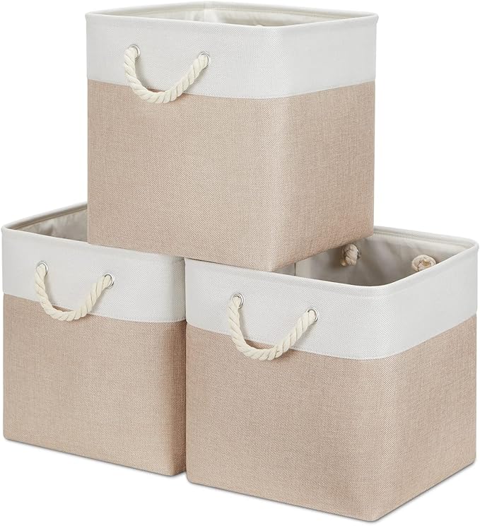 Bidtakay Fabric Storage Baskets for Organizing Beige 13 Inch Collapsible Square Baskets 3 Pack Organization Bins Large Cube Storage Bins Closet Baskets for Shelves Clothes-CubbioJoy