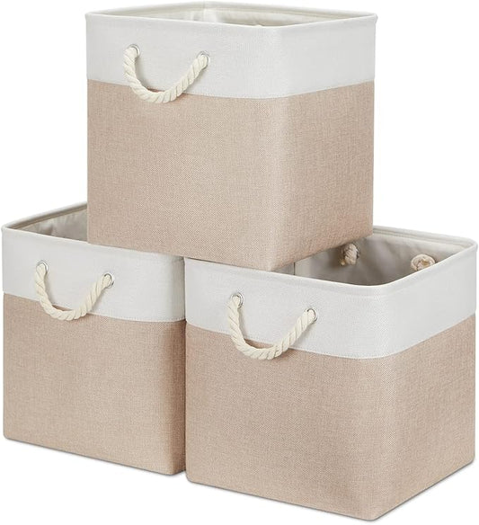 Bidtakay Fabric Storage Baskets for Organizing Beige 13 Inch Collapsible Square Baskets 3 Pack Organization Bins Large Cube Storage Bins Closet Baskets for Shelves Clothes-CubbioJoy