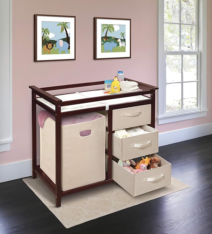Badger Basket Modern Baby Changing Table with Laundry Hamper, 3 Storage Drawers and Pad, Diaper Change Station - Cherry/Ecru-CubbioJoy