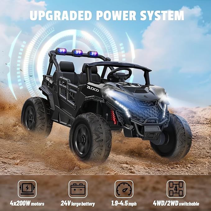 24V 2 Seater Ride on Car Truck, 4x200W, EVA Tires, 4WD/2WD, Rainbow Lights, Remote Control, Shock Absorbers, Bluetooth, Ride On UTV Toy for Kids Ages 3-8, Black-CubbioJoy
