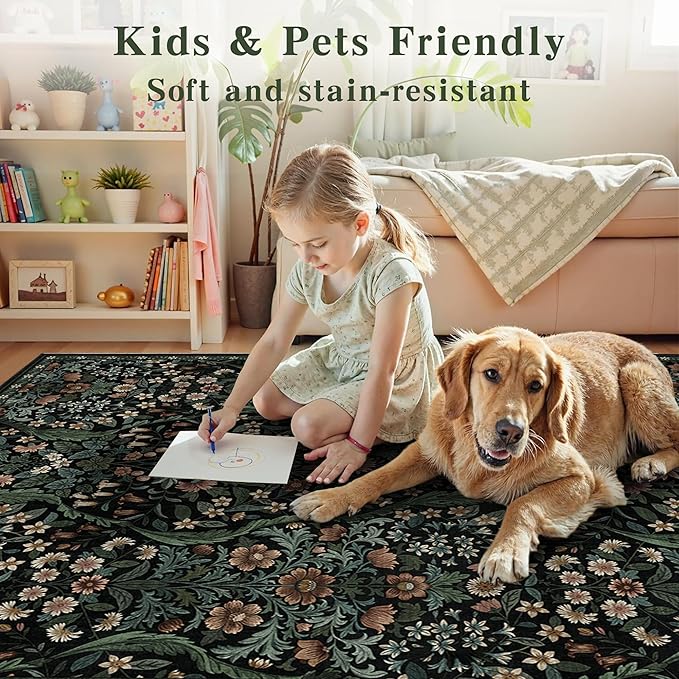 3x5 Black Boho Floral Vintage Area Rug,Soft Lightweight Low Pile Non-Shedding Carpet,Machine Washable Stain Resistant & Non-Slip for Entryway,Bedroom, Kids Room,Living Room-CubbioJoy