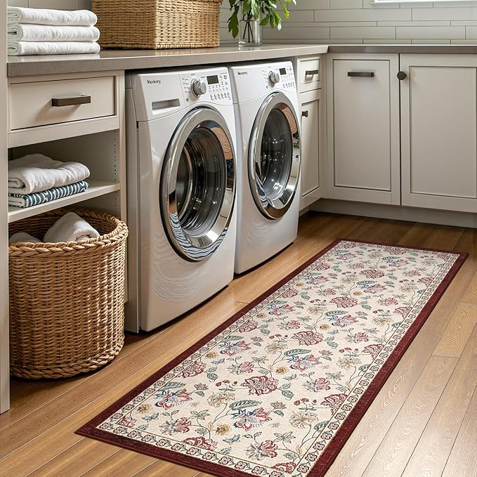 jinchan 2x5 Floral Runner Rug for Hallway Washable Kitchen Runner Vintage Romance Design Non Slip Thin Indoor Floor Cover Low-Profile Throw Carpet for Entryway Bathroom Bedroom Porch, Red/Beige-CubbioJoy