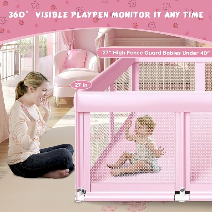 74" ×50" Large Baby Playpen, Baby Playard for Babies and Toddlers, Play Pens for Indoor & Outdoor, Sturdy Safety Play Yard with Soft Breathable Mesh, Anti-Fall, Pink-CubbioJoy