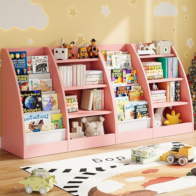 4 Tier Kids Bookshelf Set of 2,4 Layer Sling Kids Book Shelf for Kids Rooms,Wood Children Bookcase,Baby Storage Book Rack,Toddler Bookshelf, Book and Toy Organizer,Book Display Shelf for Nursery-CubbioJoy