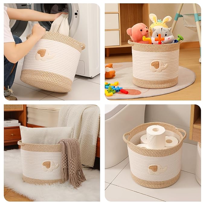 INough Toy Storage Baskets Woven Cotton Rope Storage Basket for Kids, Blanket Baskets for Living Room Toy Basket Box Toys Organizer with Embroidery Decor Cute Baskets for Nursery, Playroom (Elephant)-CubbioJoy