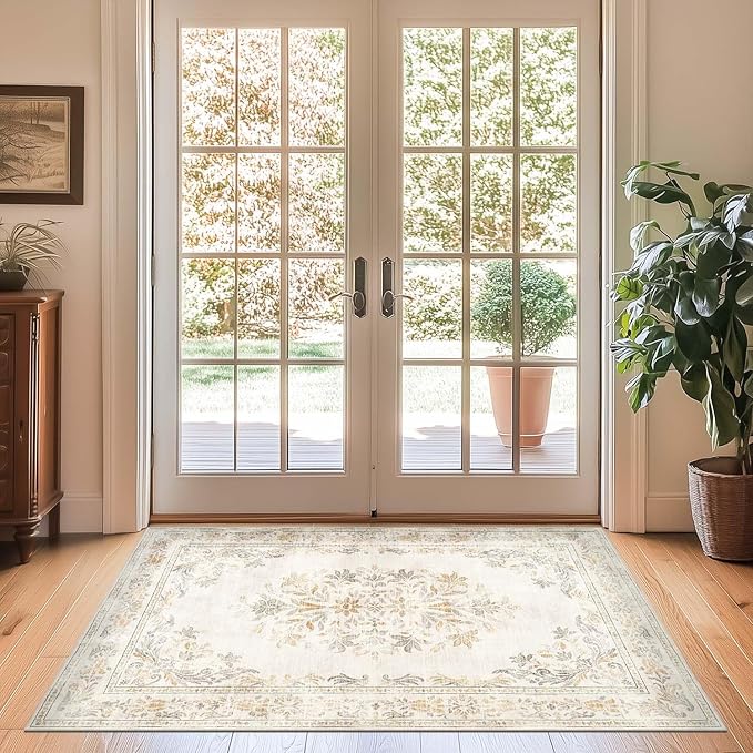 jinchan Vintage Floral 3x5 Area Rugs for Entryway - Machine Washable Distressed Design Ultra-Thin Low-Pile Soft Non-Shedding Carpet for Kitchen Bedroom Entrance Laundry Living Room (3x5ft,Light Grey)-CubbioJoy