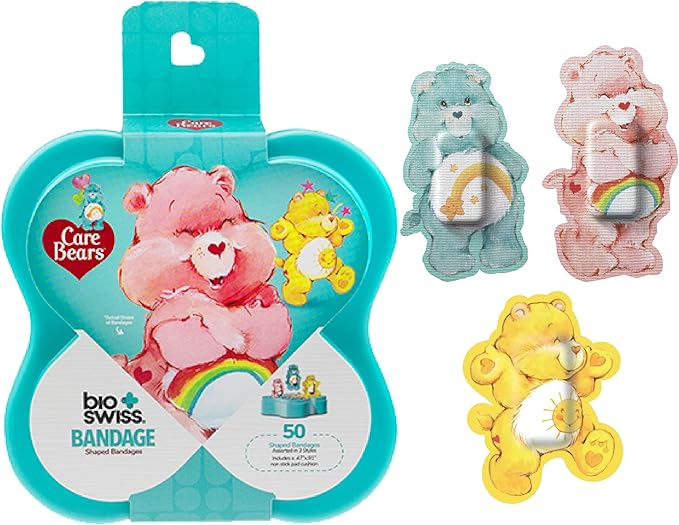 BioSwiss Care Bears Bandages, Classic Care Bear Shaped Self Adhesive Bandage, Latex Free Sterile Wound Care, Fun First Aid Kit Supplies for Kids, 50 Count-CubbioJoy