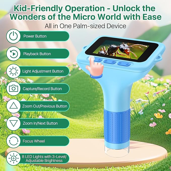 Digital Handheld Microscope for Kids: 3.0" Large HD Screen 1000X Portable Mini Microscopes with Camera Video Recording Slides Kit Science Educational Boys Girls Toy Gifts-CubbioJoy