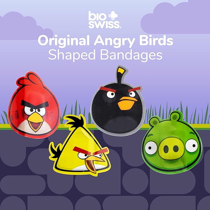 BioSwiss Bandages, Angry Birds Game Shaped Self Adhesive Bandage, Latex Free Sterile Wound Care, Standard Shape for Kids and Adults, 50 Count-CubbioJoy