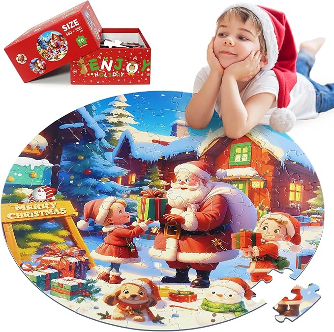 Christmas Puzzles for Kids Ages 4-6, Kids Puzzles with Santa Claus & Snowman,70 Piece Round Large Floor Puzzles for Kids Ages 3 4 5 6 7 8, Educational Toy Gift Jigsaw Puzzles for 5 Year Old Boys Girls-CubbioJoy