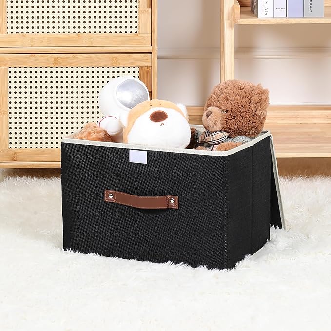 ANMINY Storage Bin with Lid Storage Boxes with PU Leather Handles PP Plastic Board Decorative Foldable Lidded Cotton Linen Fabric Home Cubes Baskets Closet Organizer Container - Black, Large Size-CubbioJoy