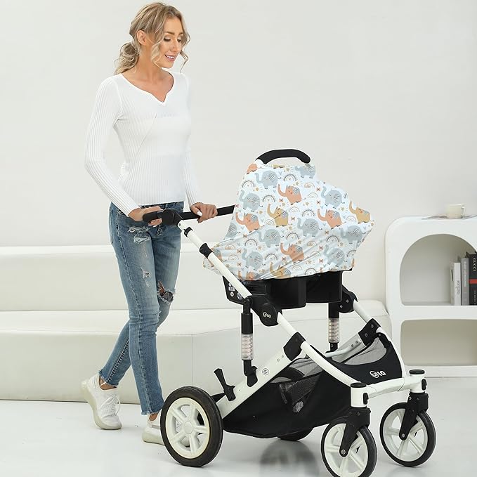 Breathable Car Seat Cover for Babies – Multi-Purpose Soft Rayon Nursing Cover for Breastfeeding, High Stretchy Infant Carseat Canopy, Stroller Cover (Smooth Rayon, Cute Elephant)-CubbioJoy