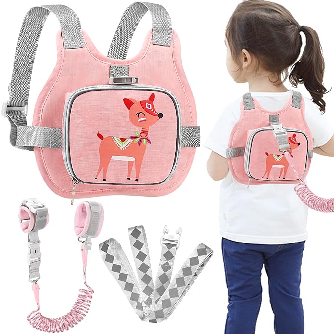 Accmor Toddler Harness Leash + Anti Lost Wrist Link, Cute Deer Kids Harness with Leash, Collapsible Child Leash Baby Walking Harness Protector Wristband Strap for Baby Girls Outdoor-CubbioJoy