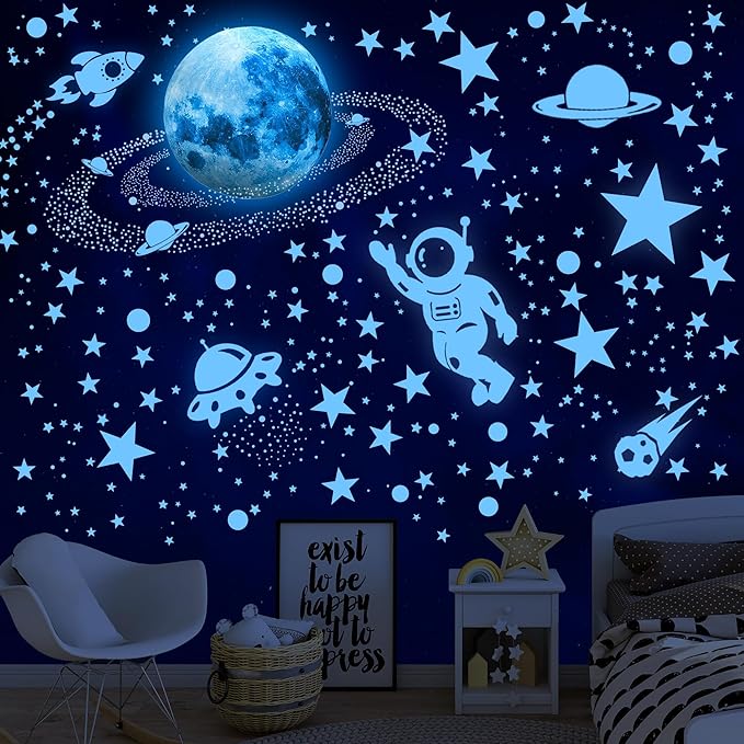 530 Glow in The Dark Stars Ceiling Stars Glow in The Dark Glow Moon and Space Wall Decals Astronaut Universe Galaxy Planet Wall Stickers Glowing Wall Stickers Kid Boys Living Room Decor-CubbioJoy