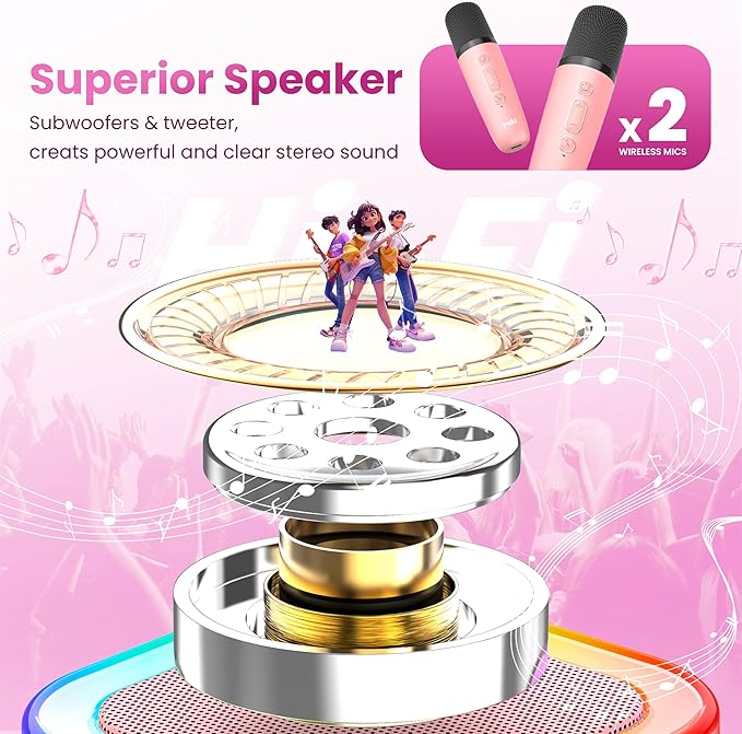 Karaoke Machine for Kids Adults, Portable Bluetooth Mini Karaoke Microphone Singing Speaker with 2 Mic and Light,Toys for All Smartphones,Birthday, Family,Home Party (Pink)-CubbioJoy