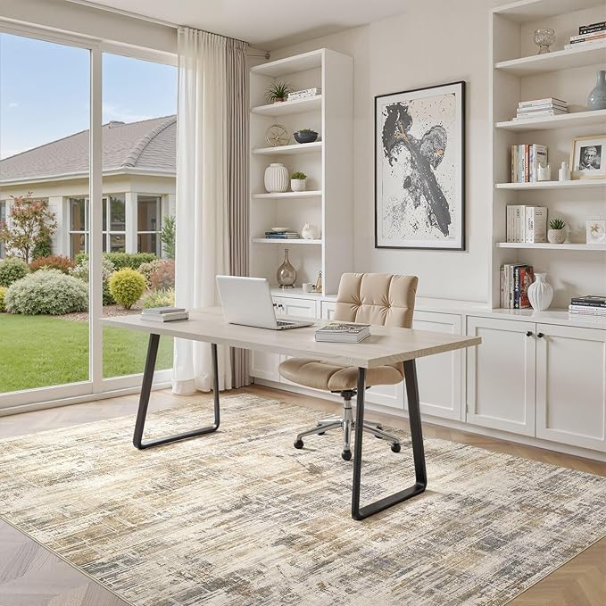 Area Rug for Living Room: 5x7 Washable Neutral Abstract Modern Soft Rugs Non Slip Indoor Floor Stain Resistant Carpet for Bedroom Dining Room Office Nursery - Golden Brown-CubbioJoy