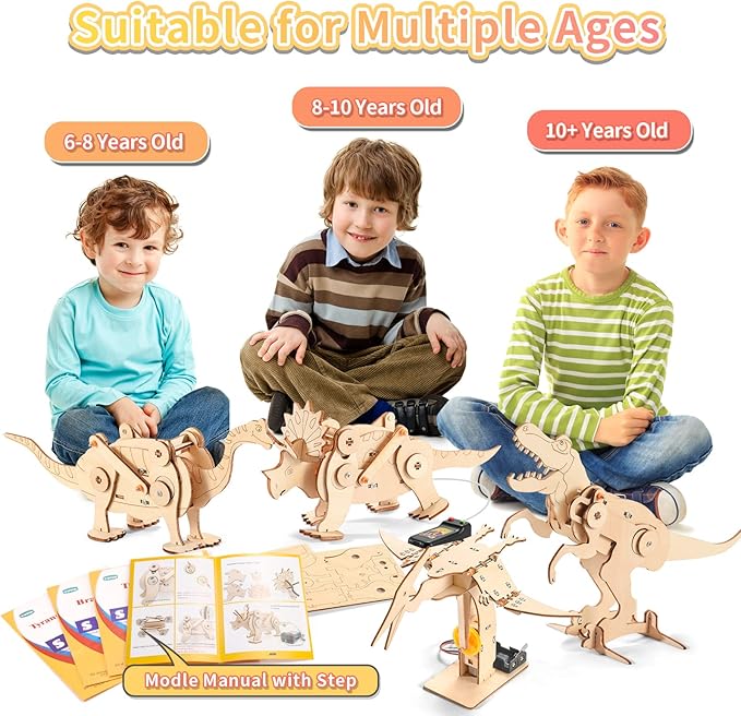 Dinosaur STEM Kits for Kids Ages 6-8-10-12, 4 in 1 Wood Building Toys for Boys Age 8-12, Build It Yourself Woodworking Kit, DIY 3D Wooden Puzzles Model Science Crafts for Kids, Stem Projects-CubbioJoy